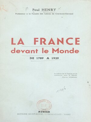 cover image of La France devant le monde de 1789 à 1939